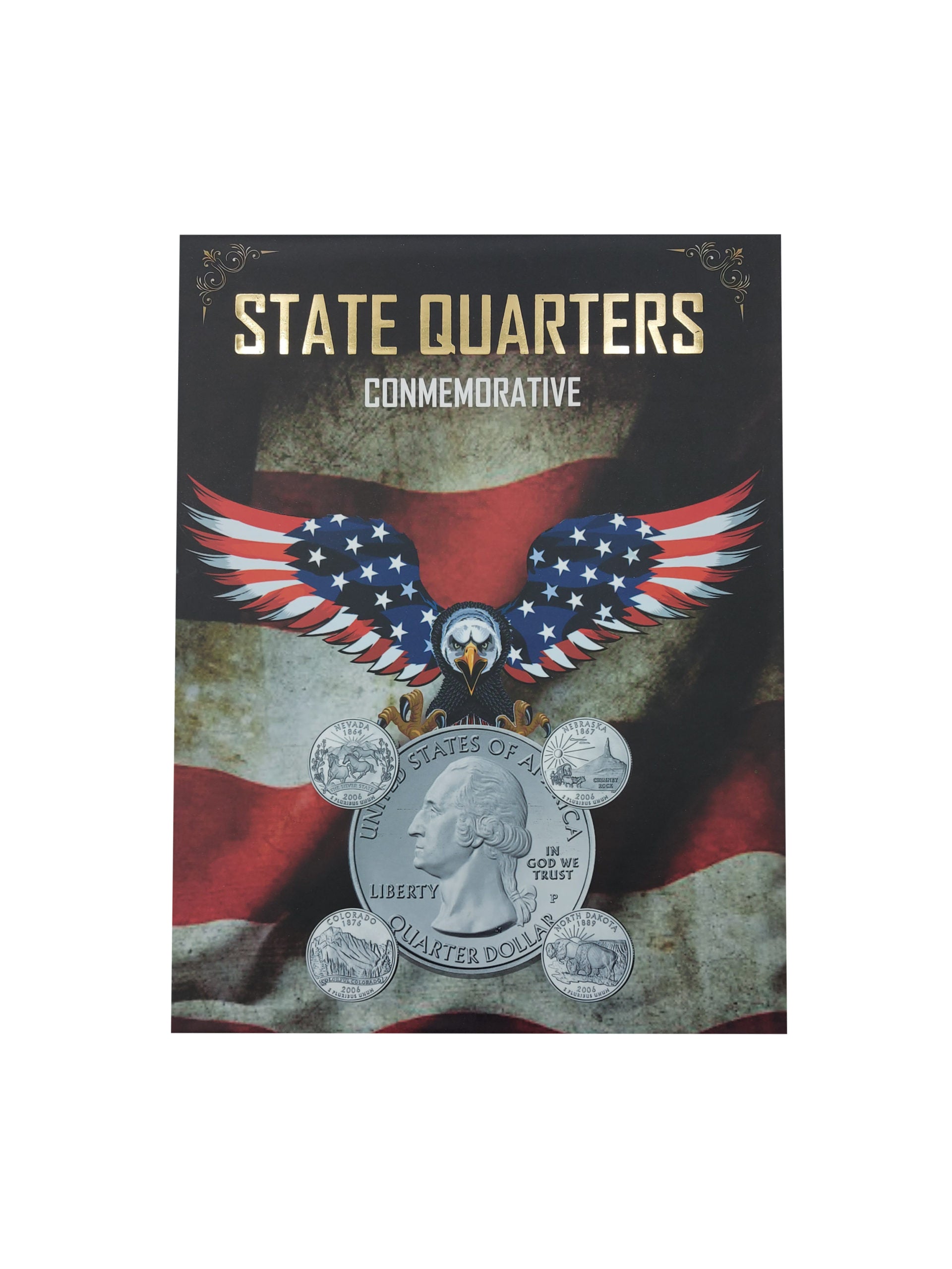 Álbum para monedas conmemorativas de un cuarto de dólar americano (1999-2009), diseñado para 57 monedas, con imágenes representativas de los estados de EE.UU. y un espacio para el anverso de Washington. Incluye funda protectora y acabado de alta calidad. Álbum para monedas conmemorativas de un cuarto de dólar americano (1999-2009), diseñado para 57 monedas, con imágenes representativas de los estados de EE.UU. y un espacio para el anverso de Washington. Incluye funda protectora y acabado de alta calidad.